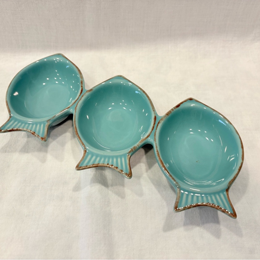 Fishy by Coastline Imports Stoneware Small Pinch Bowls Sauce Bowls 3 Fish Teal